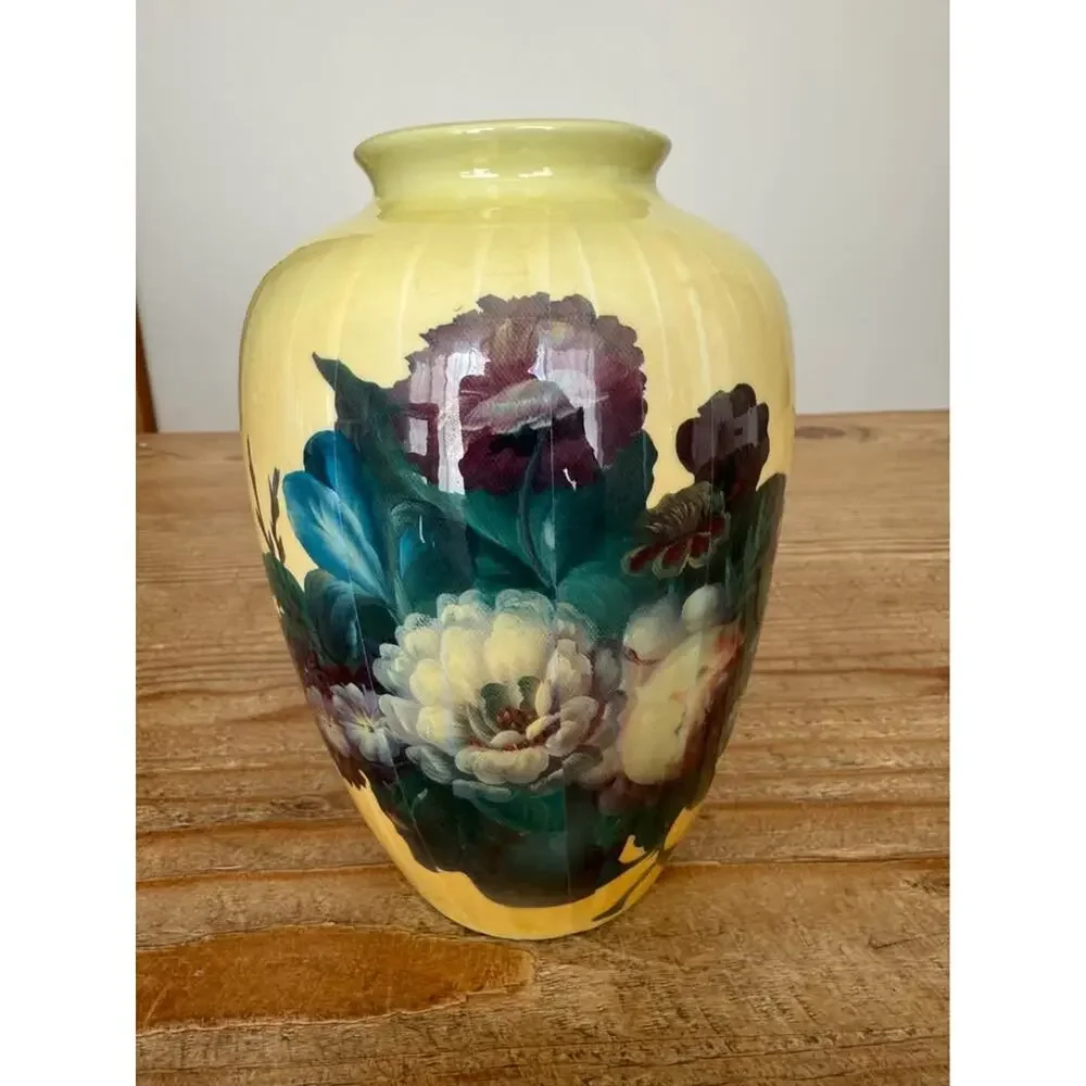 Vase 7” cream Purple Blue Vintage Paper Mache Over Ceramic Floral Roses